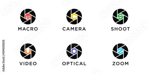 Camera lens logo design with initials letter M C S V O Z. Premium Vector