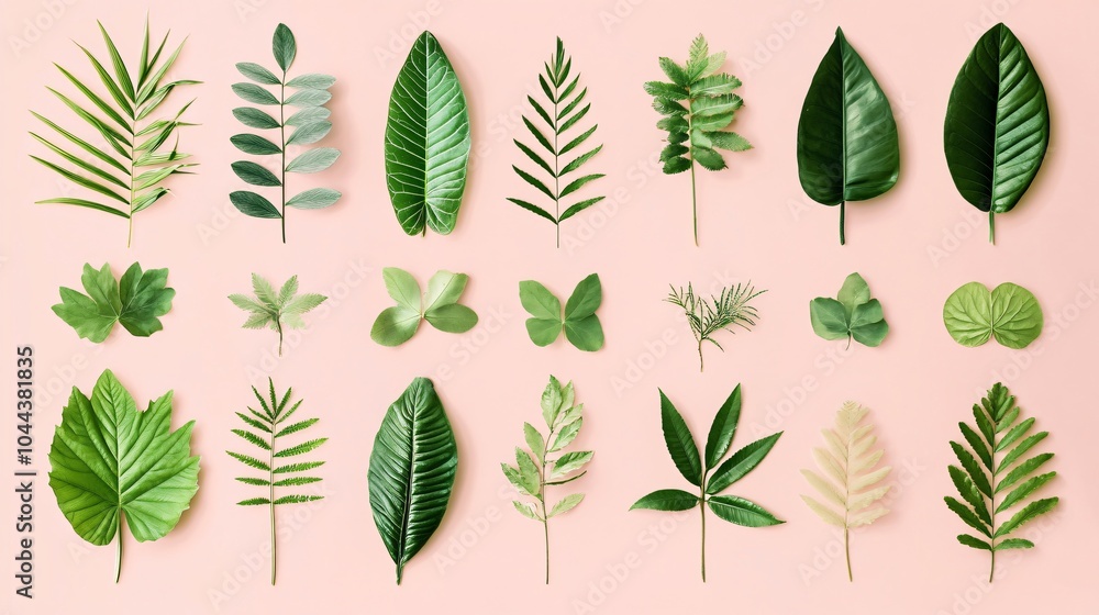 Collection of Green Leaves on Pink Background Collection of Green Leaves on Pink Background
