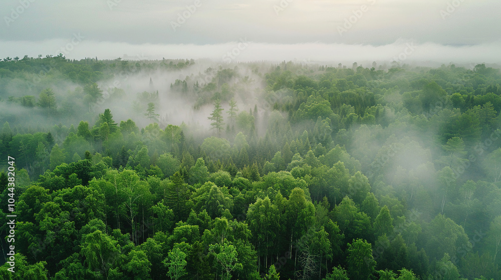 Top view a misty forest landscape with dense green trees Top view a misty forest landscape with dense green trees
