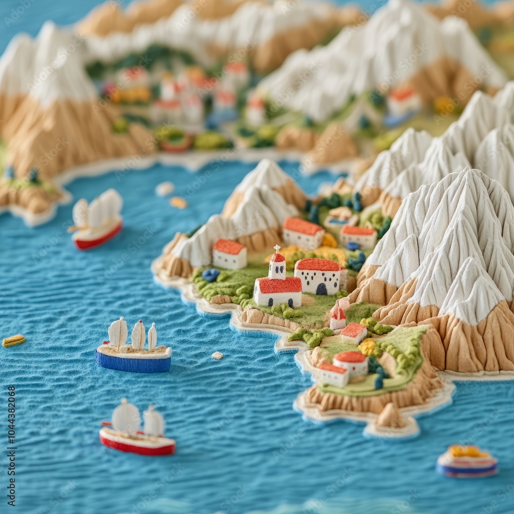 Fototapeta premium A colorful, detailed 3D map depicting a coastal landscape with ships.