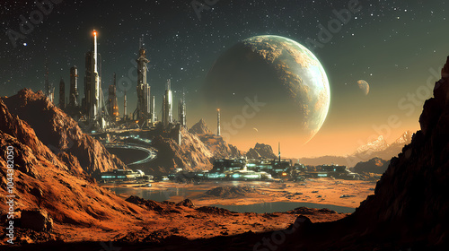 Illustration of a space colony on mars. Terraforming Colony. Illustration