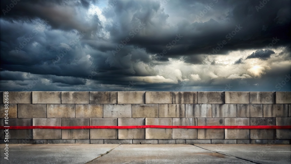 Obraz premium A stark concrete wall with a single red ribbon, bisecting the grayness of the sky above