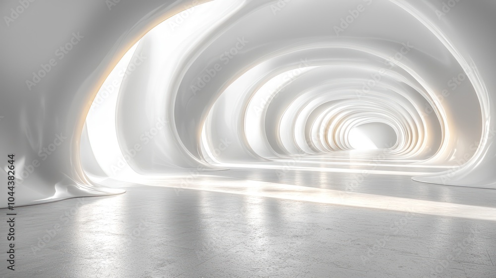 Obraz premium A Minimalist Abstract Tunnel with Curved White Walls and a Concrete Floor