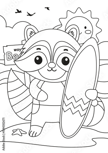 Coloring page for kids with a cute racoon holding a surfboard