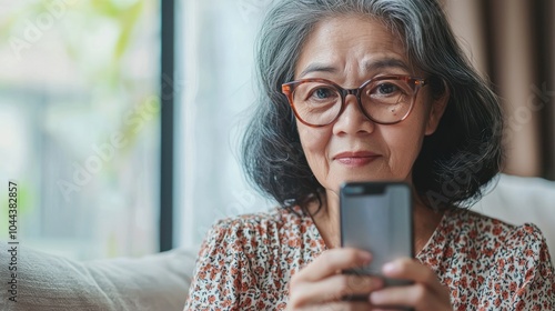 Presbyopia, Hyperopia mature, aged asian woman having vision problem trying to stare text on smart mobile phone screen on sofa at home, eye disease of elderly. Poor eyesight farsightedness concept. photo