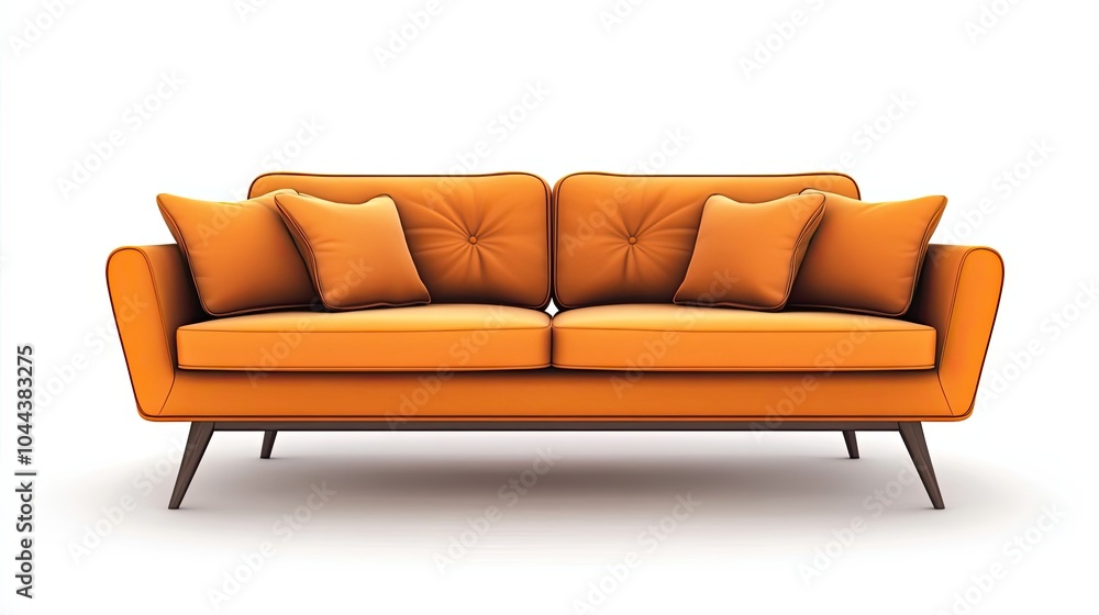 A Modern Orange Sofa with Tufted Cushions and Wooden Legs A Modern Orange Sofa with Tufted Cushions and Wooden Legs