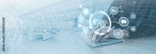 Digital information technology concept. Businessman and artificial intelligence icon on the screen. Chatbot and AI concept.