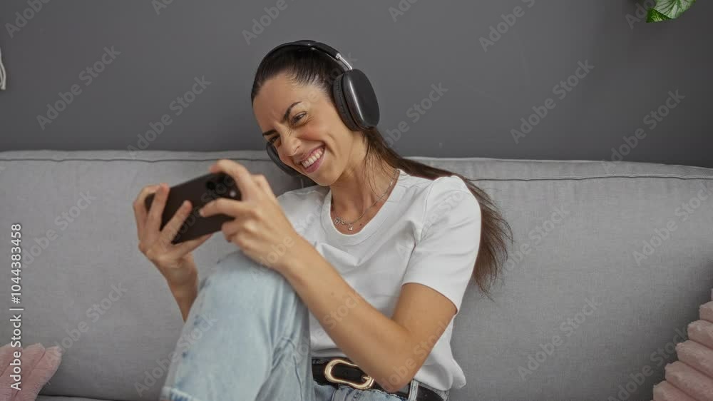 Woman gaming on smartphone while smiling and wearing headphones, seated on a couch in light-colored jeans and a white shirt, immersed in gameplay indoors with a relaxed, joyful expression Woman gaming on smartphone while smiling and wearing headphones, seated on a couch in light-colored jeans and a white shirt, immersed in gameplay indoors with a relaxed, joyful expression