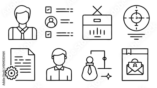 Headhunting web icons set. Head hunting - simple thin line icons collection. Containing job interview, hiring process, candidat, team, Career Path, Resume and more. Simple web icons set