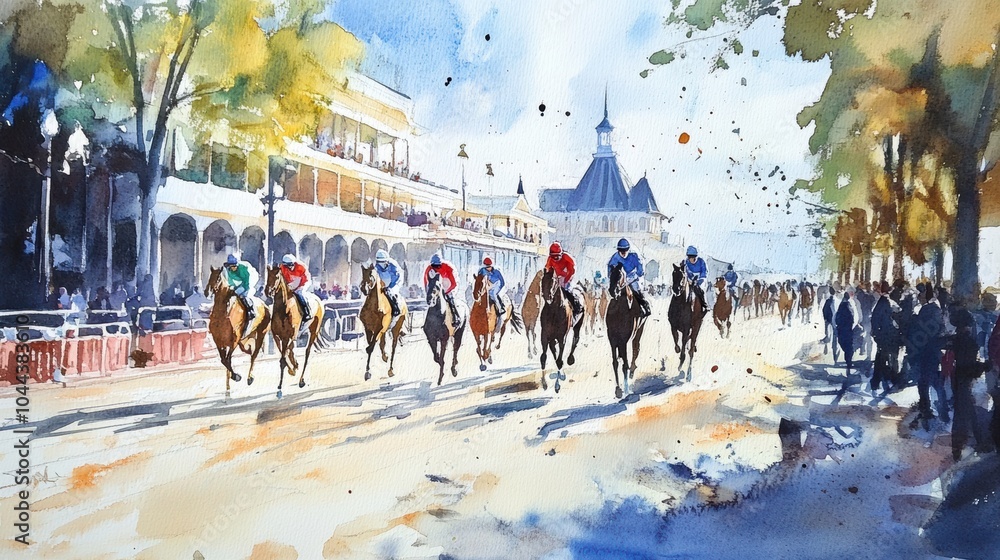 Obraz premium Horses Racing at Churchill Downs During a Vibrant Day of Equestrian Competition. Generative AI