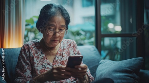 Presbyopia, Hyperopia mature, aged asian woman having vision problem trying to stare text on smart mobile phone screen on sofa at home, eye disease of elderly. Poor eyesight farsightedness concept. photo