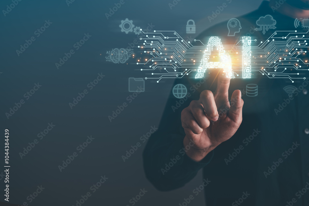 Businessman holding AI Artificial Intelligence icon.AI Chat bot, Futuristic technology, innovation technology and robot concept. Businessman holding AI Artificial Intelligence icon.AI Chat bot, Futuristic technology, innovation technology and robot concept.