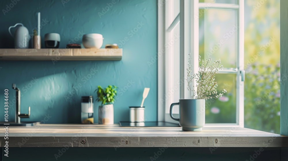 A Light Blue Mug with White Flowers on a Kitchen Counter A Light Blue Mug with White Flowers on a Kitchen Counter