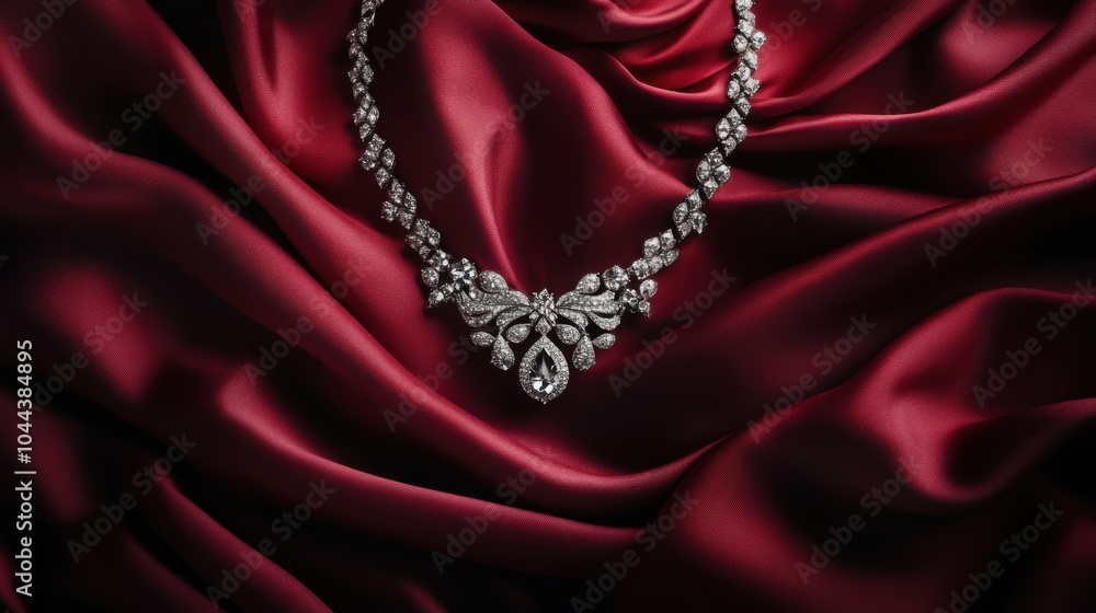Elegant Necklace on Deep Red Satin Fabric Elegant Necklace on Deep Red Satin Fabric