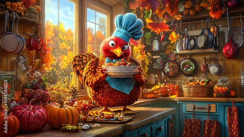 Autumn Kitchen Chef - Whimsical Turkey Prepares Feast
