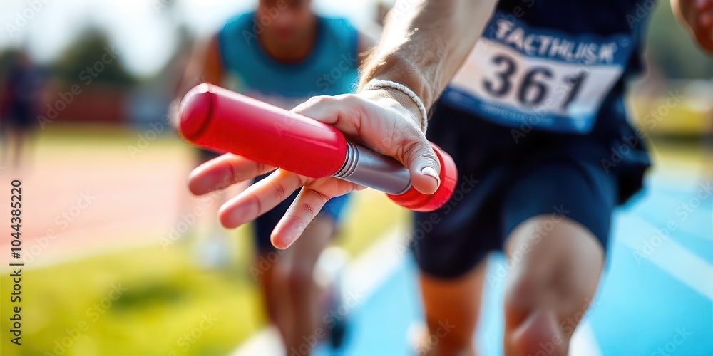 Athlete passing the relay baton during a competitive race on the track ...