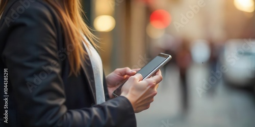 Businesswoman in a professional suit holding a smartphone, standing in an urban setting, focusing on communication and connectivity.