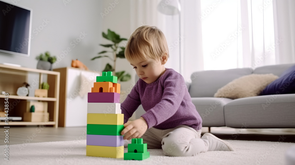 A little boy playing with building blocks in the living room. A little boy playing with building blocks in the living room.