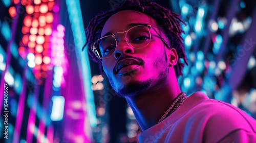 Vibrant Night Cityscape with Young Man Portrait