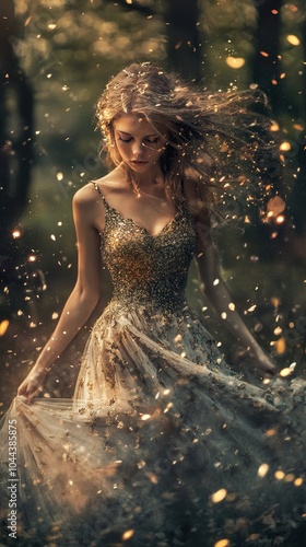 Enchanted Forest: Woman in a Golden Dress with Sparkling Light