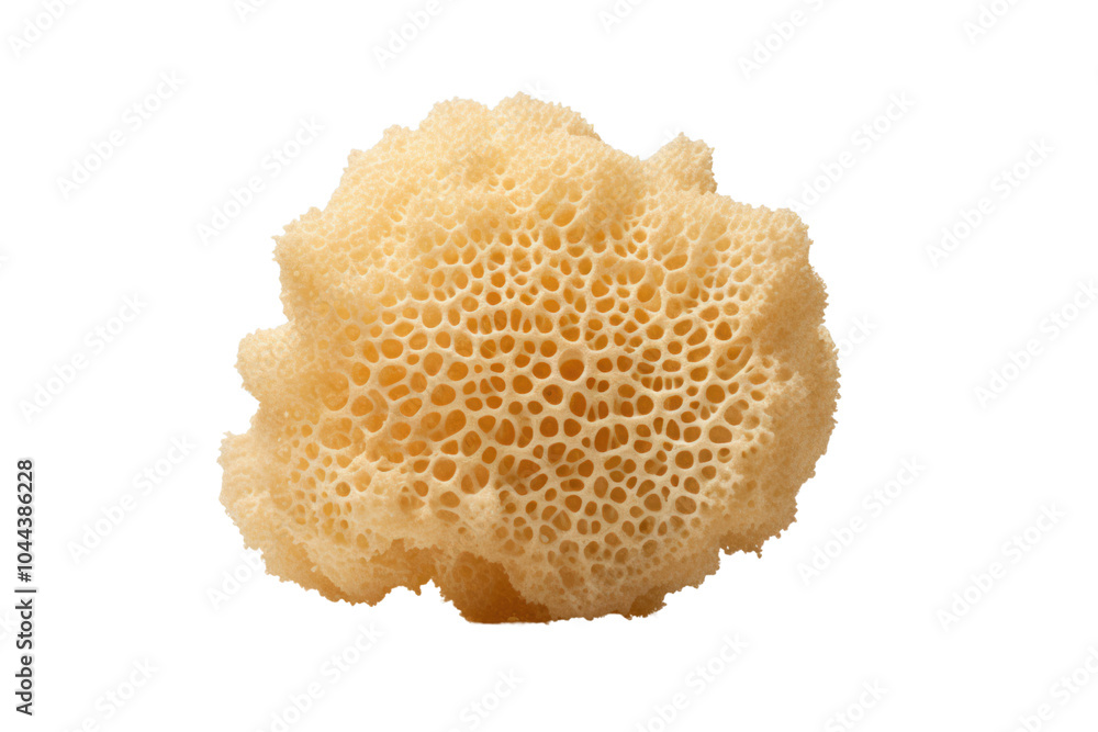 A soft, natural sea sponge displaying its intricate texture and pores against a pure white backdrop A soft, natural sea sponge displaying its intricate texture and pores against a pure white backdrop