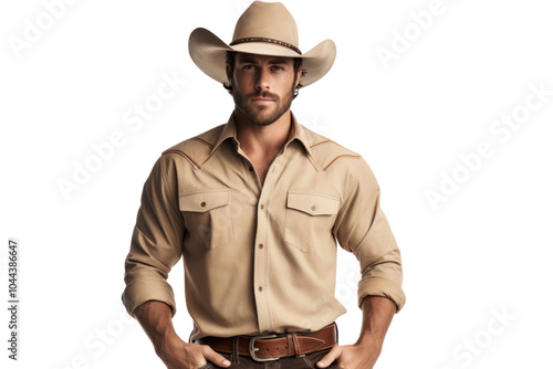 A stylish cowboy dressed in a western outfit with a hat, button-up shirt, and boots, standing relaxed on a white background