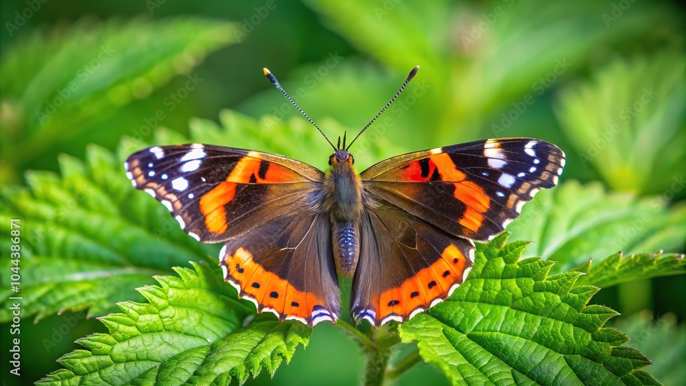 Red Admiral butterfly perched on stinging nettle leaf in wide-angle view Red Admiral butterfly perched on stinging nettle leaf in wide-angle view