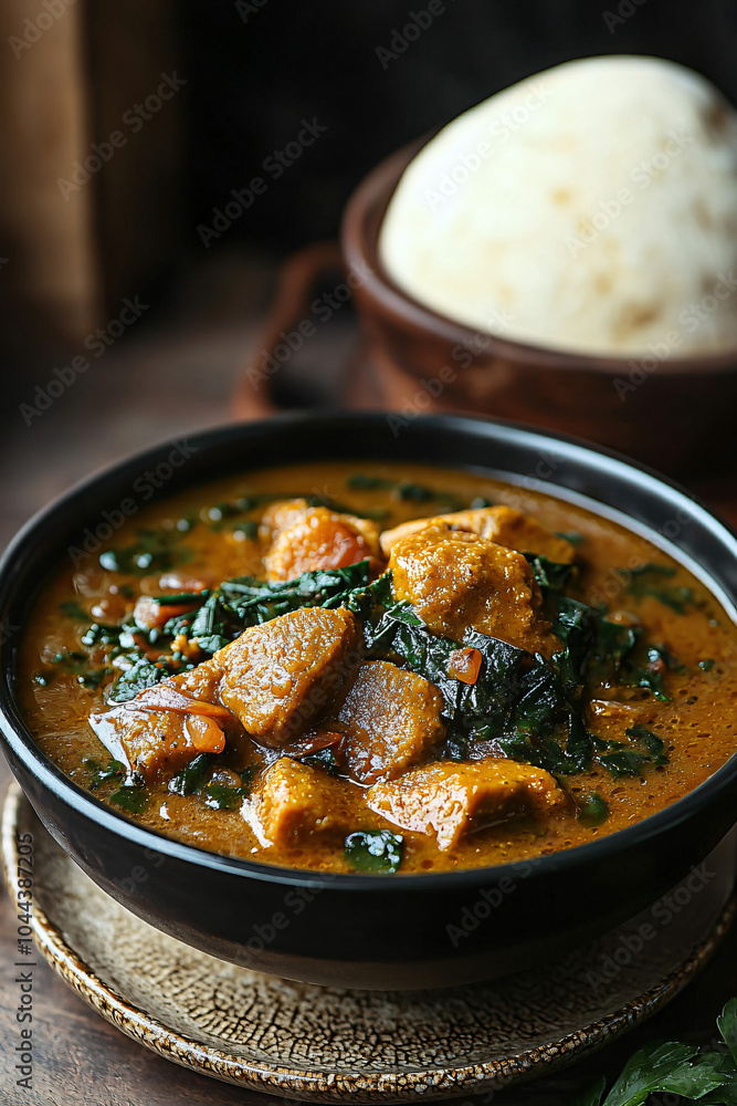 an authentic Egusi soup with pounded yam, professional food styling an authentic Egusi soup with pounded yam, professional food styling