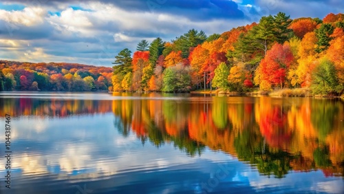 Serene autumn landscape at Buckingham Reservoir in Glastonbury Connecticut reflected