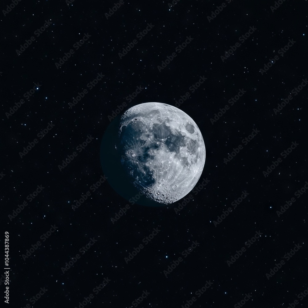 A detailed view of the moon surrounded by stars in a dark sky. A detailed view of the moon surrounded by stars in a dark sky.