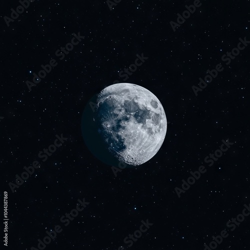 A detailed view of the moon surrounded by stars in a dark sky.