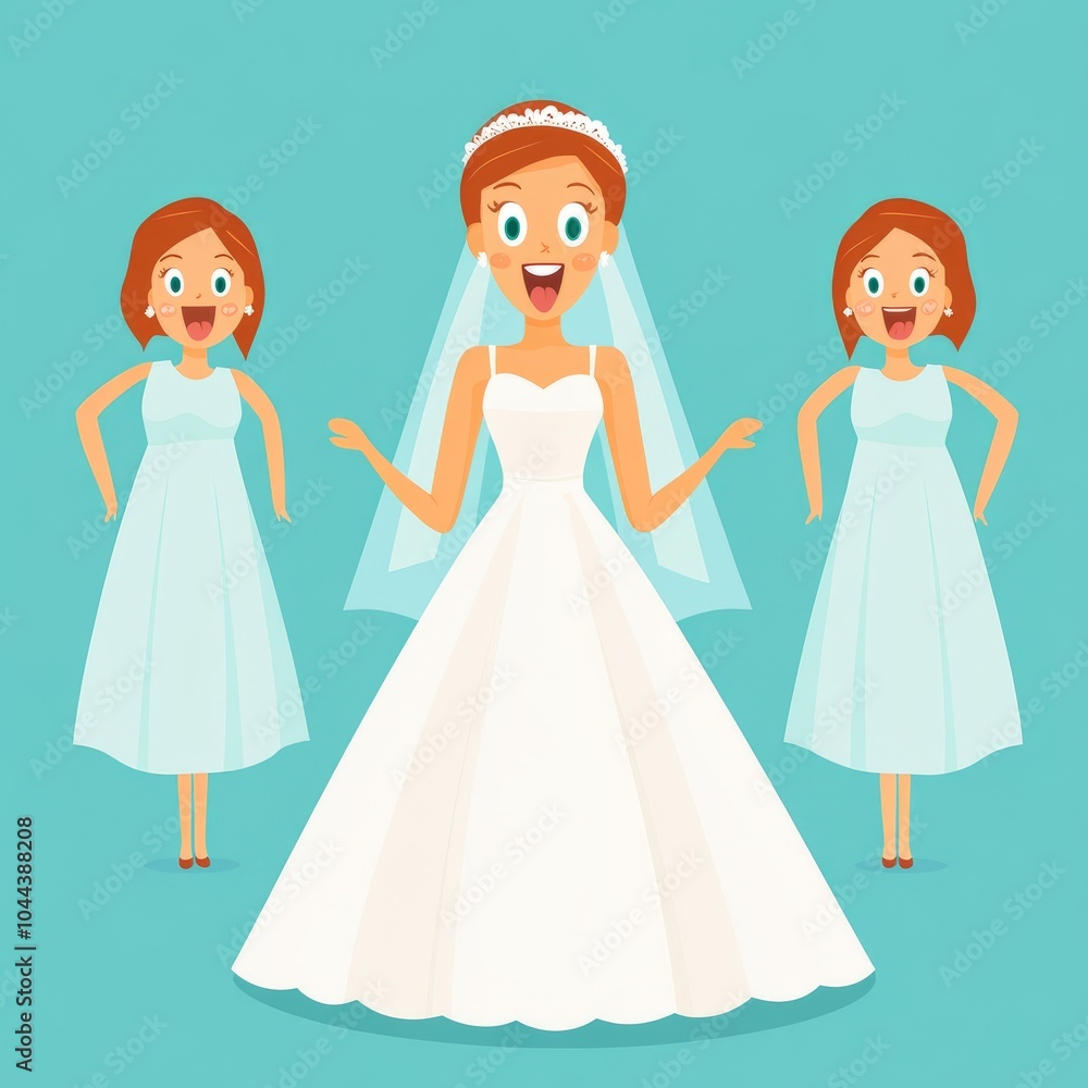 A cheerful bride in a wedding dress with two bridesmaids in light blue dresses. A cheerful bride in a wedding dress with two bridesmaids in light blue dresses.