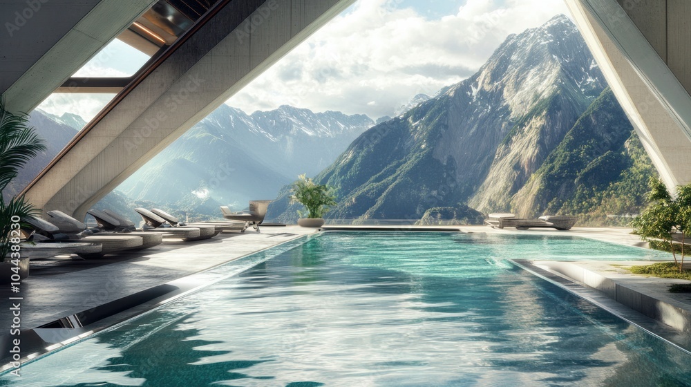 Fototapeta premium A modern poolside view showcasing mountains and nature, emphasizing relaxation and luxury.