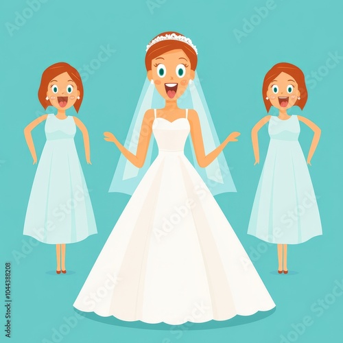 A cheerful bride in a wedding dress with two bridesmaids in light blue dresses.