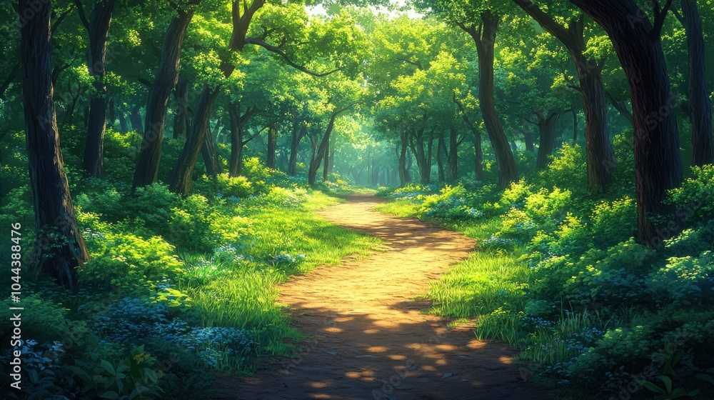 Obraz premium Enjoying a serene nature walk through a wooded forest. Featuring a winding trail and lush greenery. Emphasizing relaxation and outdoor activity. Ideal for nature and wellness content.