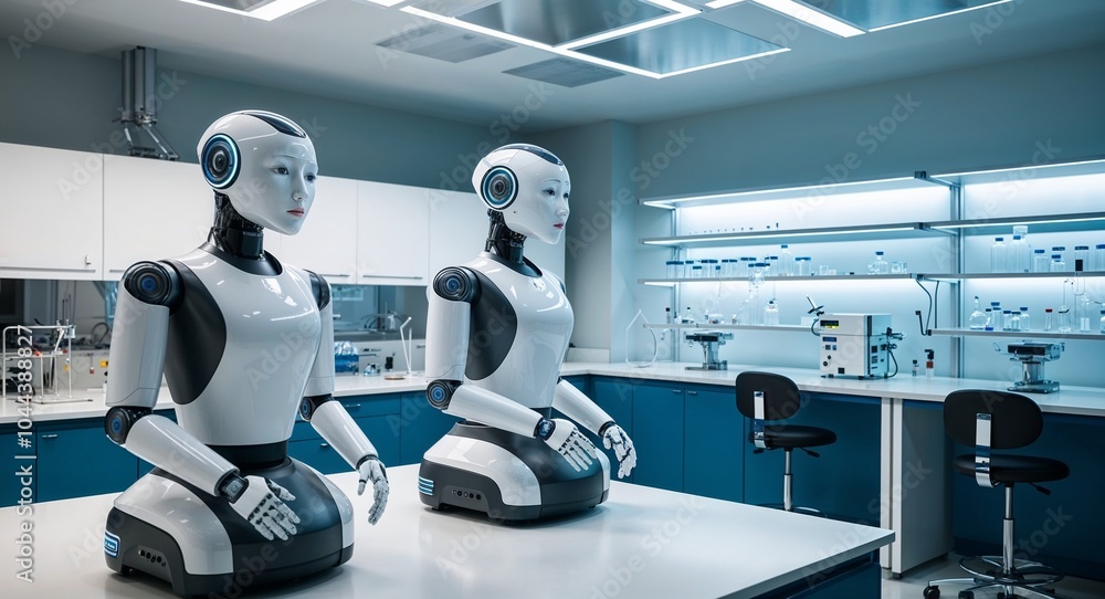 Advanced laboratory featuring robotic assistants and futuristic research equipment background innovative environment promoting scientific discovery and experimentation Advanced laboratory featuring robotic assistants and futuristic research equipment background innovative environment promoting scientific discovery and experimentation