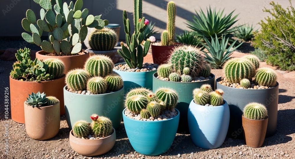 Cacti and succulent garden arranged artfully in various containers background unique landscape showcasing adaptability and beauty in drought resistant plants Cacti and succulent garden arranged artfully in various containers background unique landscape showcasing adaptability and beauty in drought resistant plants