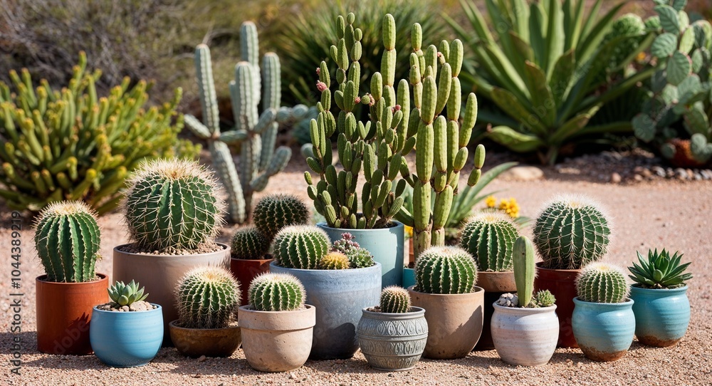 Cacti and succulent garden arranged artfully in various containers background unique landscape showcasing adaptability and beauty in drought resistant plants Cacti and succulent garden arranged artfully in various containers background unique landscape showcasing adaptability and beauty in drought resistant plants