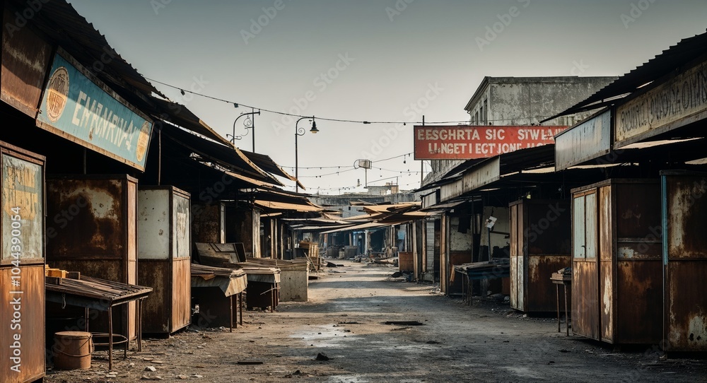 Deserted marketplace filled with rusted stalls and faded signage background echoes of commerce lingering in the still air of neglect Deserted marketplace filled with rusted stalls and faded signage background echoes of commerce lingering in the still air of neglect