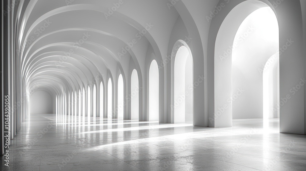 White Arched Corridor with Bright Sunlight Streaming In White Arched Corridor with Bright Sunlight Streaming In