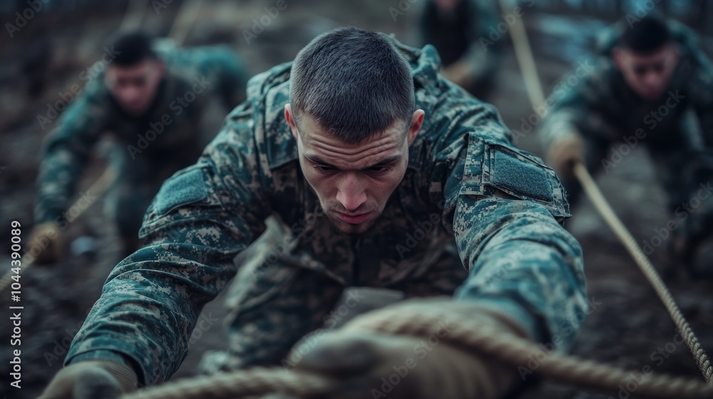 Obraz premium Soldiers pulling a rope in a training exercise, showcasing teamwork and physical endurance.