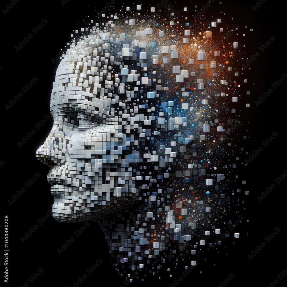 Obraz premium Fragmented Digital Human Face Composed of Cubic Blocks and Pixels: Abstract Representation of Machine Learning, AI Integration, Neural Networks, and the Evolution of Digital Cognition
