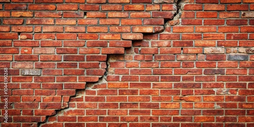 Red brick wall crumbling with large crack and deteriorating mortar from above angle
