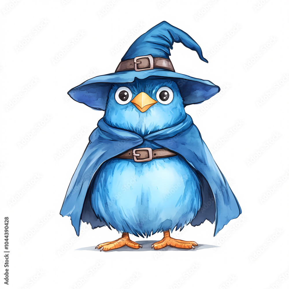 Fototapeta premium Explore the whimsical world of a blue bird wizard adorned in a cape blending elements of magic and adventure in a charming fantasy setting