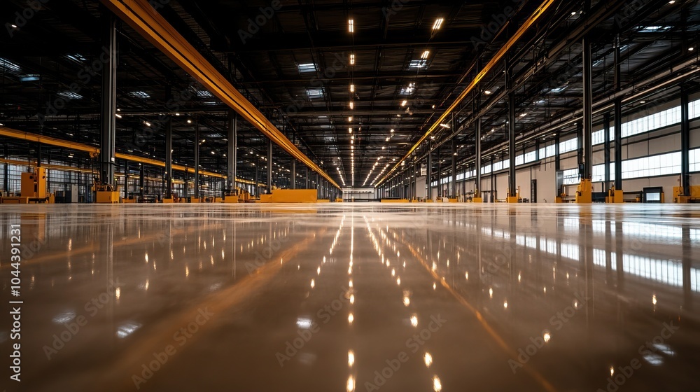 Spacious warehouse interior with polished floor and bright lighting, minimalist design, modern industrial space. Spacious warehouse interior with polished floor and bright lighting, minimalist design, modern industrial space.