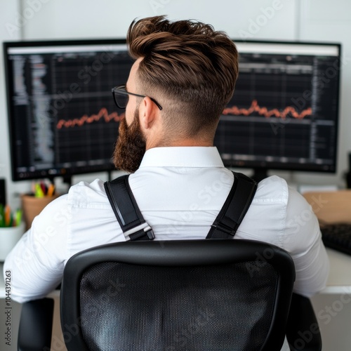 Man in office attire analyzing data on dual monitors.