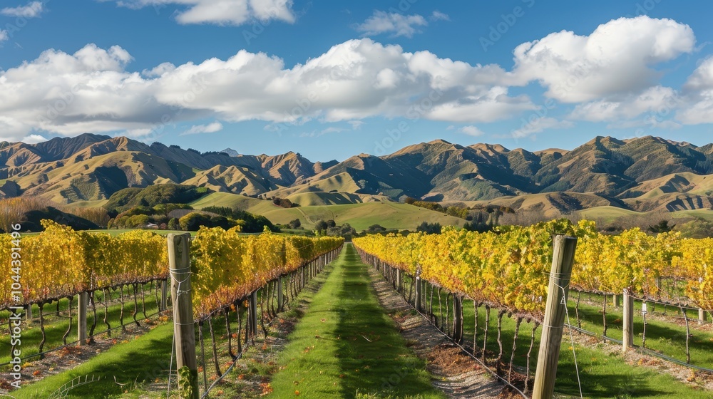 Naklejka premium Rows of Grape Vines in Scenic Vineyard Landscape