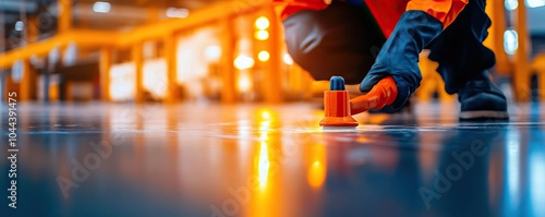 Worker applying marking on a warehouse floor with precision tools, bright lights in the background. photo