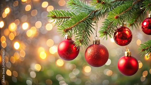 Red Christmas ornaments on pine branch with bokeh lights reflected