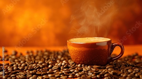 Warm Coffee Cup with Rich Aroma and Orange Background